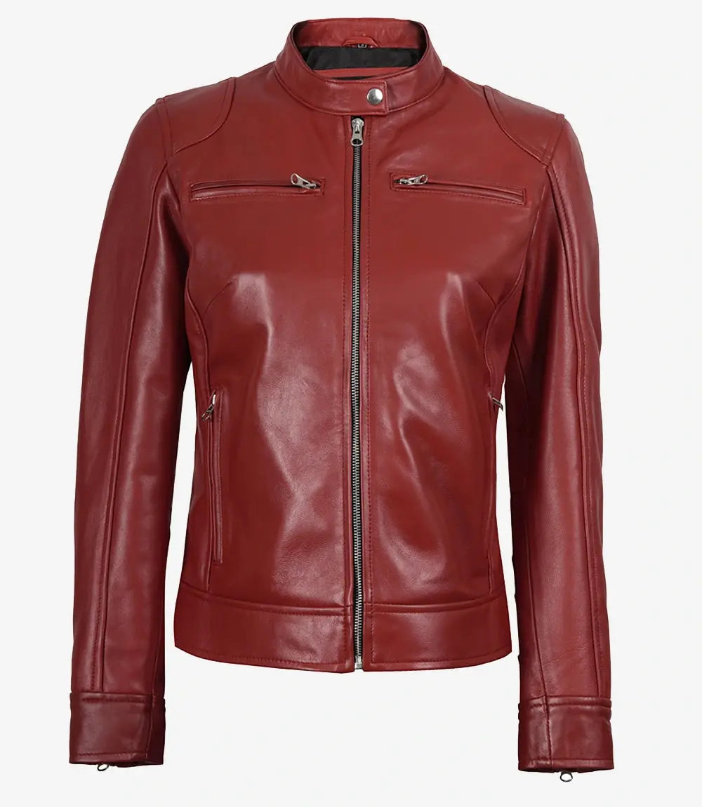 Dodge Women's Cafe Racer Red Leather Jacket USA Jackets