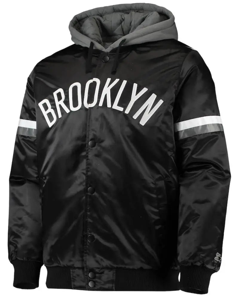 Men’s Brooklyn Nets Starter Black/Gray NBA 75th Anniversary Full-Snap Varsity Hoodie Jacket USA Jackets