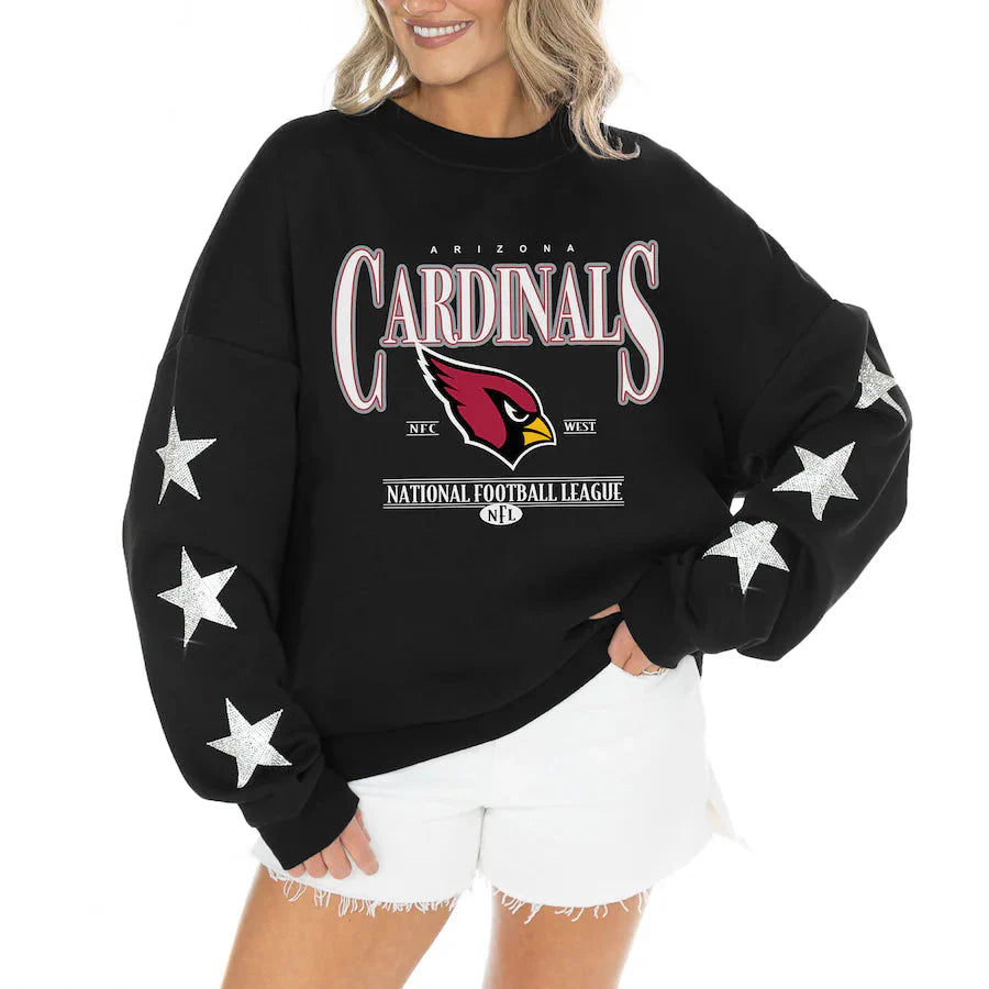 Women's Arizona Cardinals Gameday Couture Black Rhinestone Star Sleeve Settle the Score Oversized Tri-Blend Pullover USA Jackets