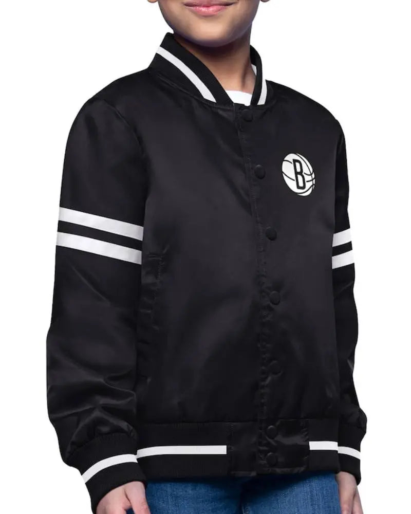 Youth Brooklyn Nets Starter Black Printed Logo Varsity Satin Full-Snap Jacket USA Jackets