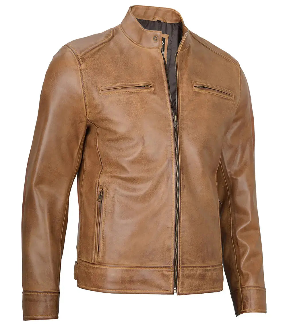 Dodge Men's Camel Leather Cafe Racer Jacket USA Jackets