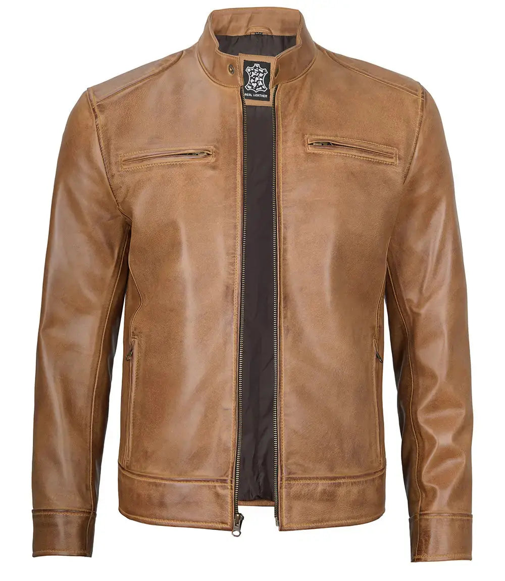 Dodge Men's Camel Leather Cafe Racer Jacket USA Jackets