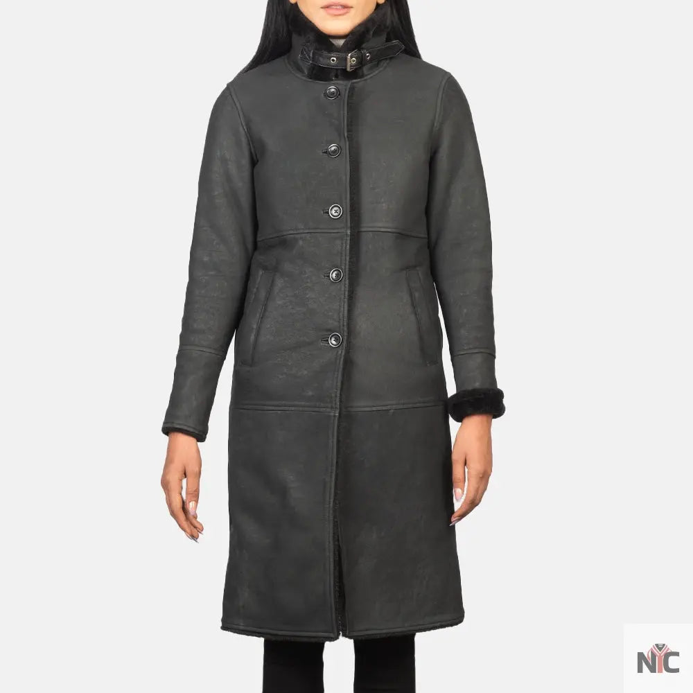 Alina Shearling Black Leather Coat USA Jackets