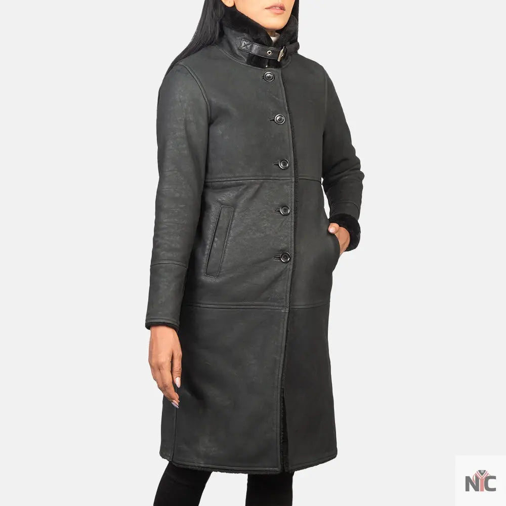 Alina Shearling Black Leather Coat USA Jackets