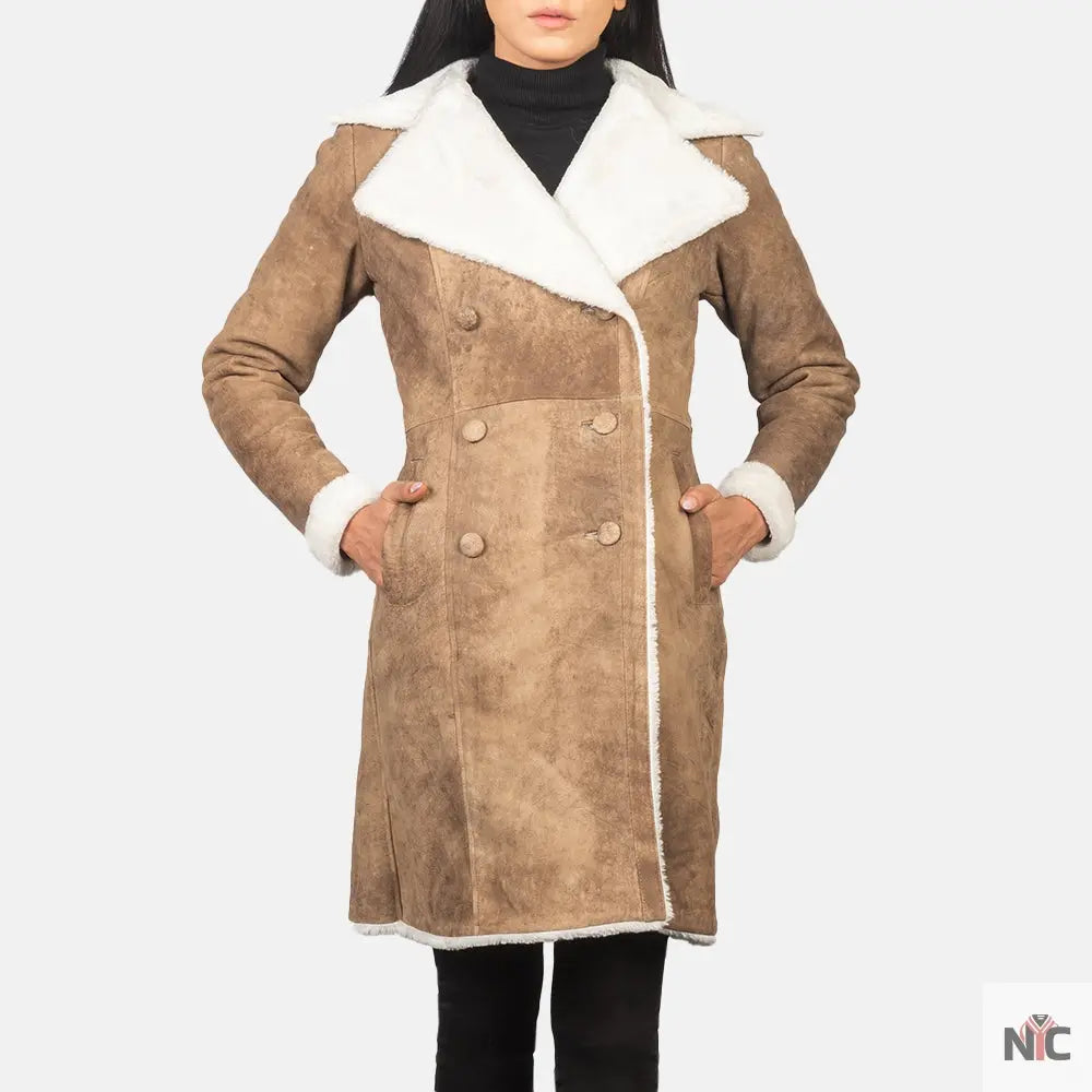 Amie Distressed Brown Double Breasted Shearling Coat USA Jackets