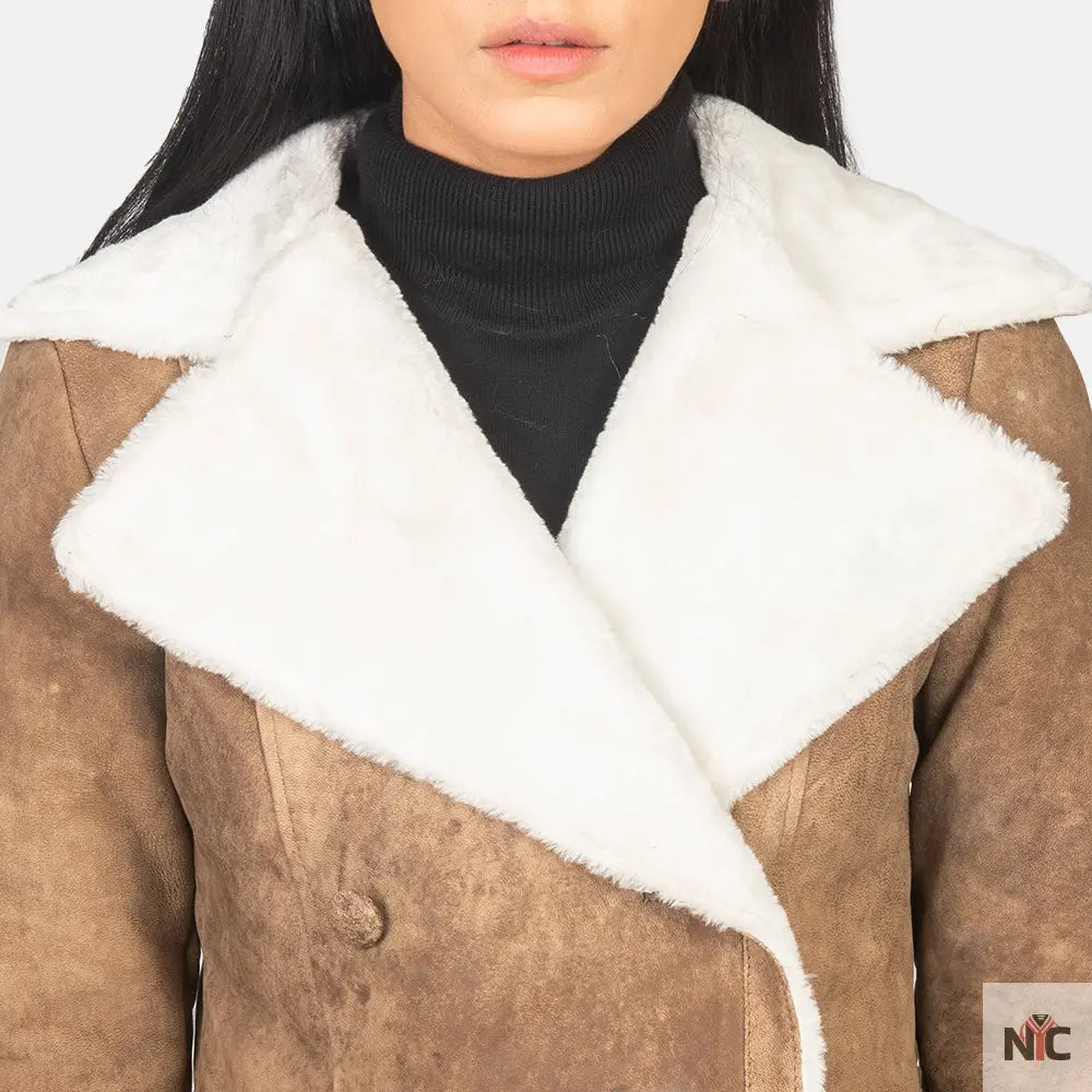 Amie Distressed Brown Double Breasted Shearling Coat USA Jackets