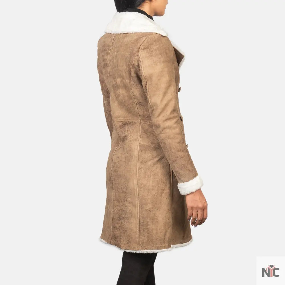 Amie Distressed Brown Double Breasted Shearling Coat USA Jackets