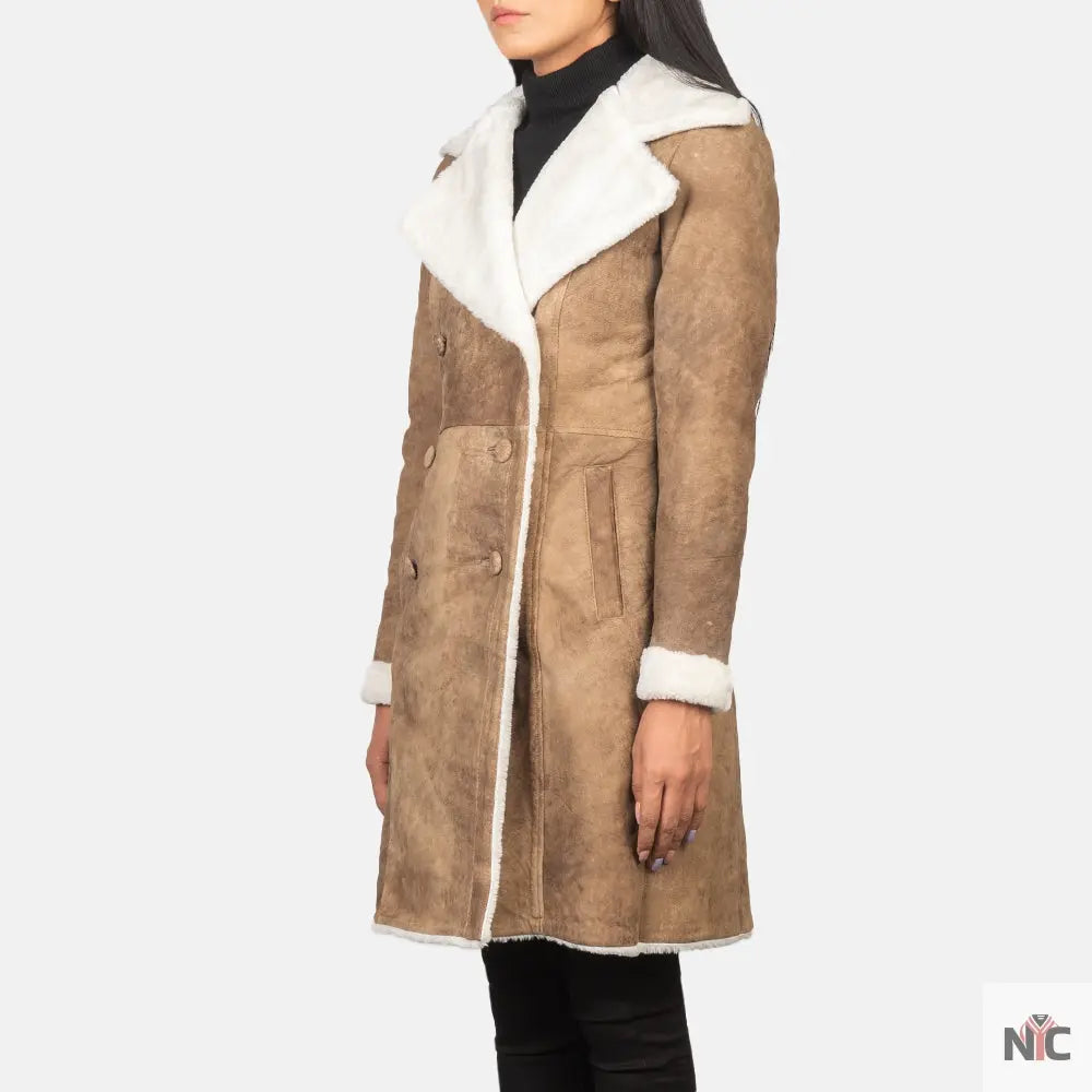 Amie Distressed Brown Double Breasted Shearling Coat USA Jackets