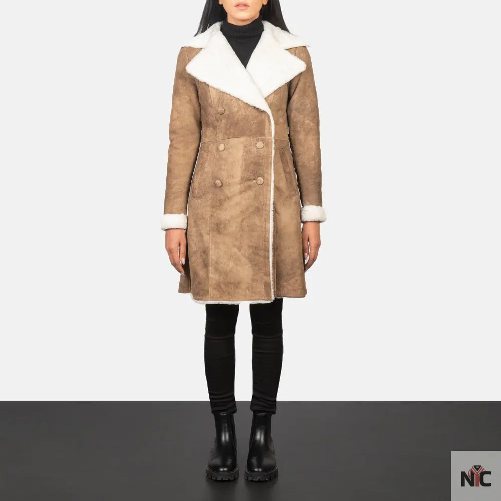 Amie Distressed Brown Double Breasted Shearling Coat USA Jackets