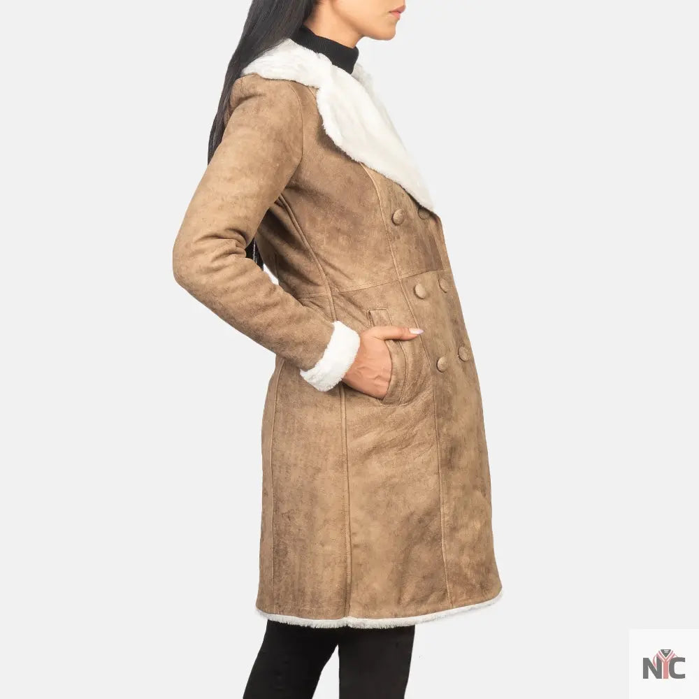 Amie Distressed Brown Double Breasted Shearling Coat USA Jackets