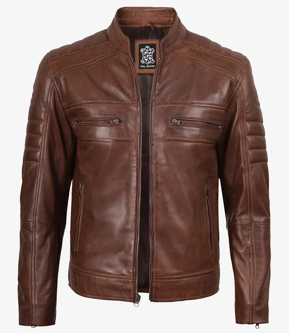 Austin Men Cafe Racer Cognac Brown Leather Jacket USA Jackets