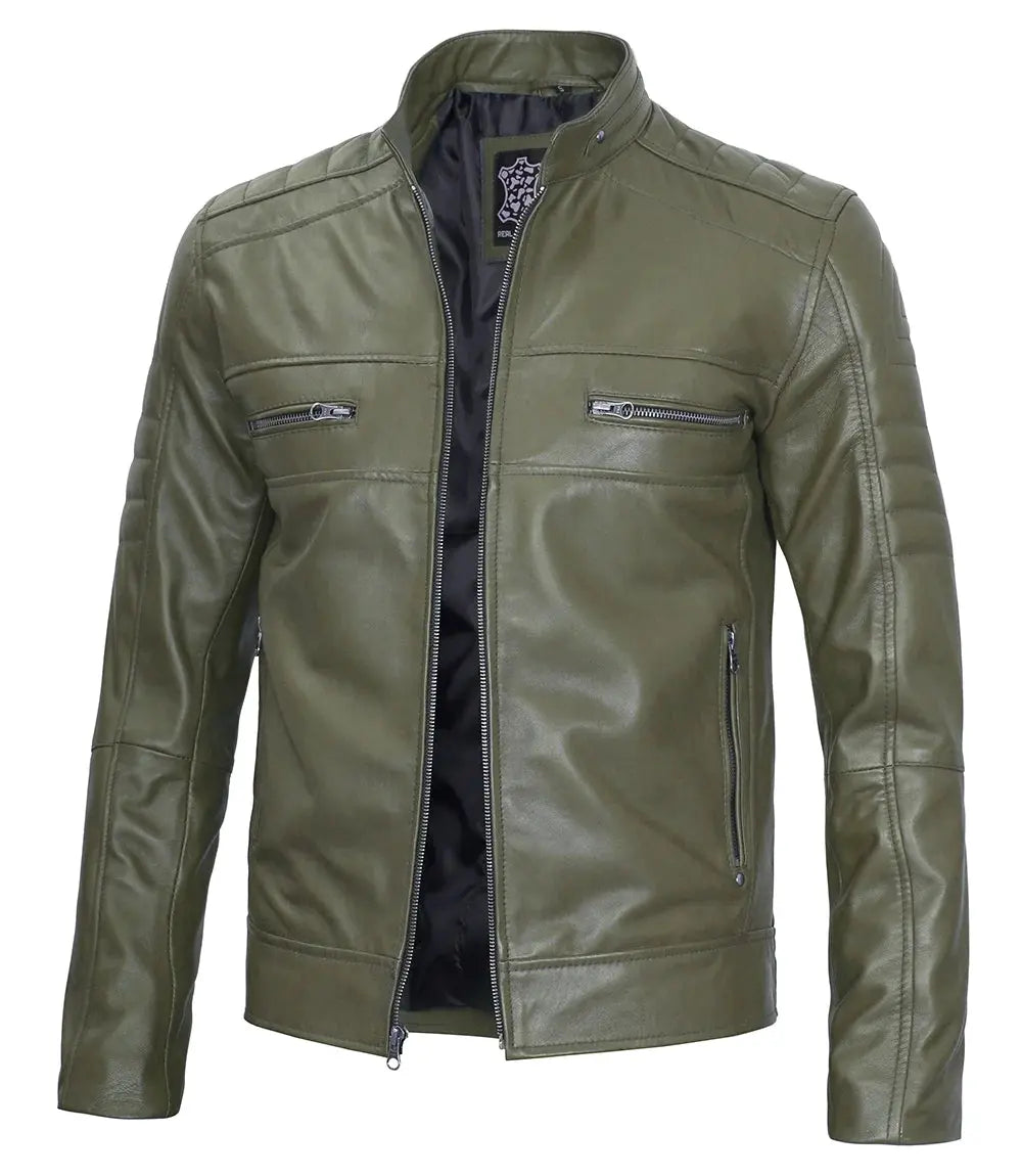 Austin Men Cafe Racer Dark Green Real Leather Jacket USA Jackets