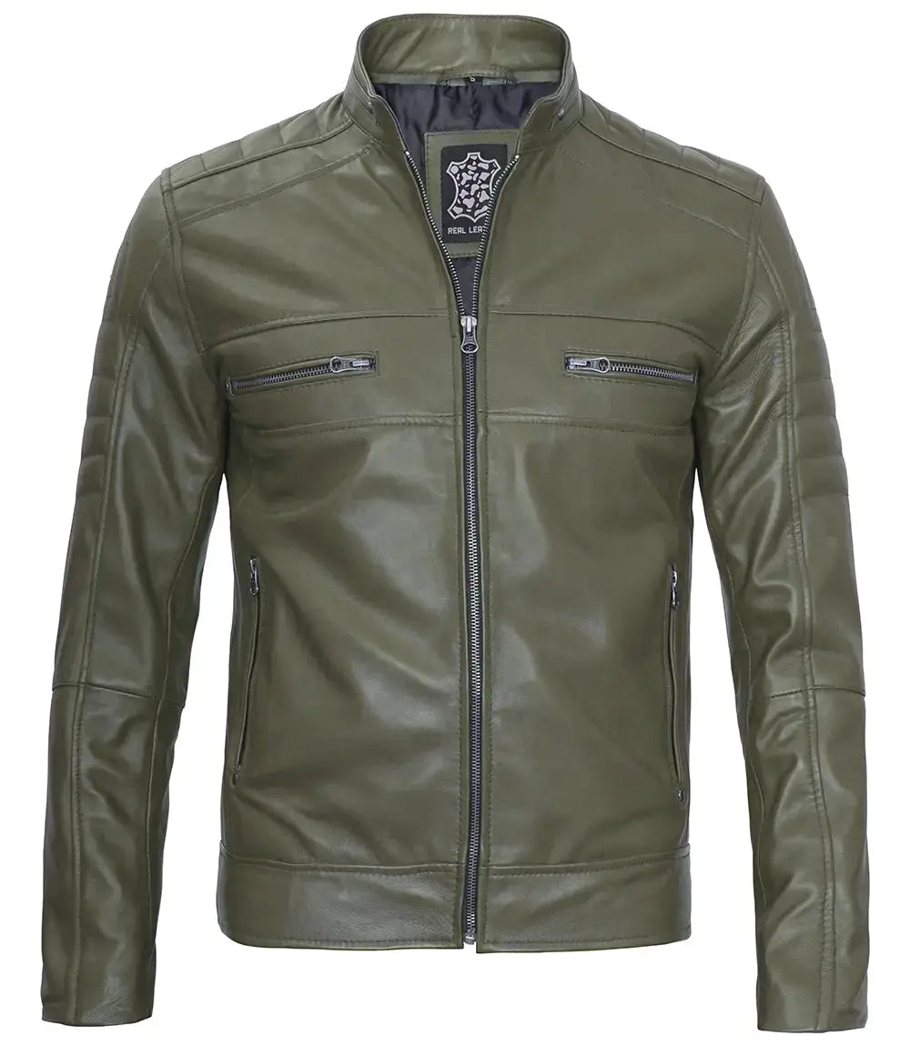 Austin Men Cafe Racer Dark Green Real Leather Jacket USA Jackets