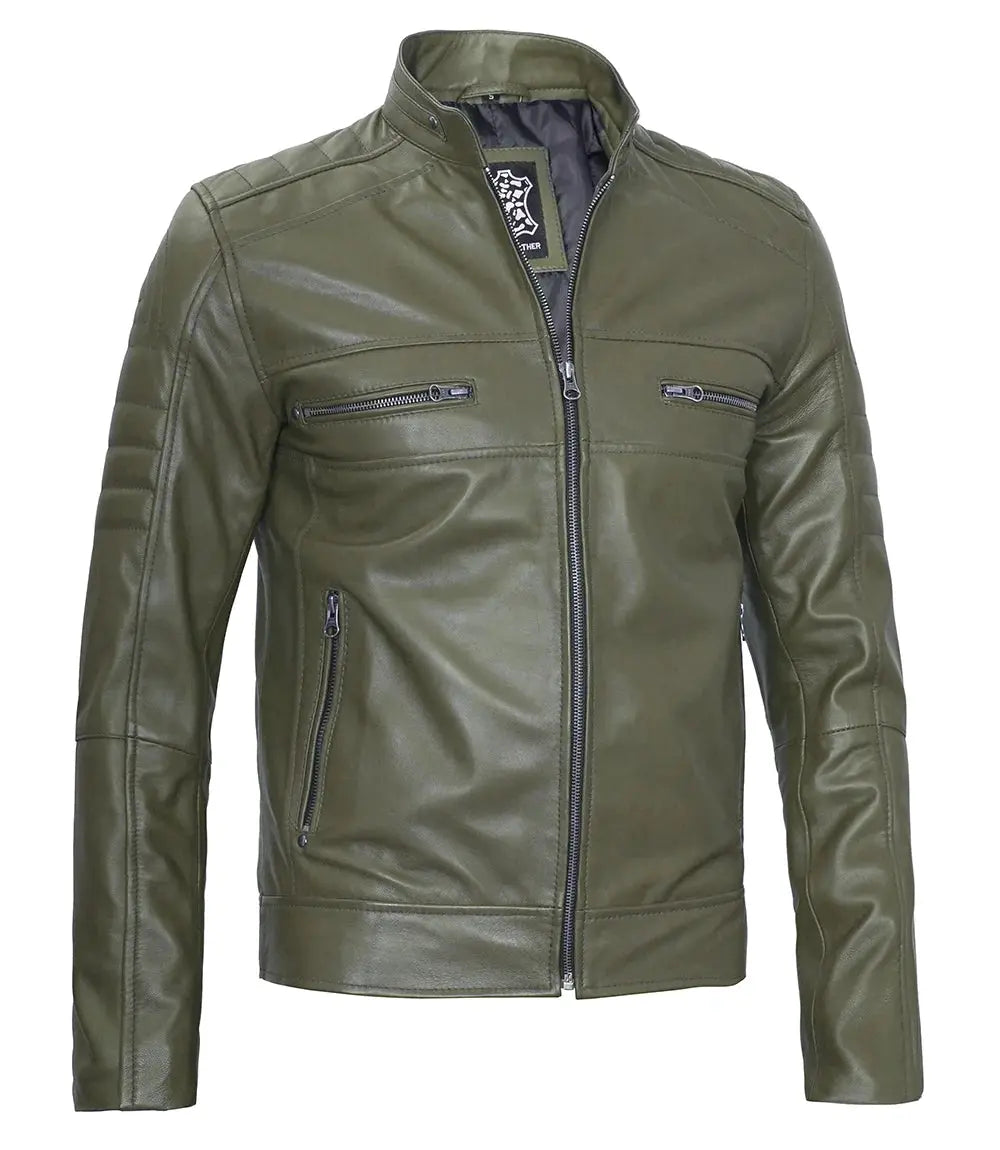 Austin Men Cafe Racer Dark Green Real Leather Jacket USA Jackets