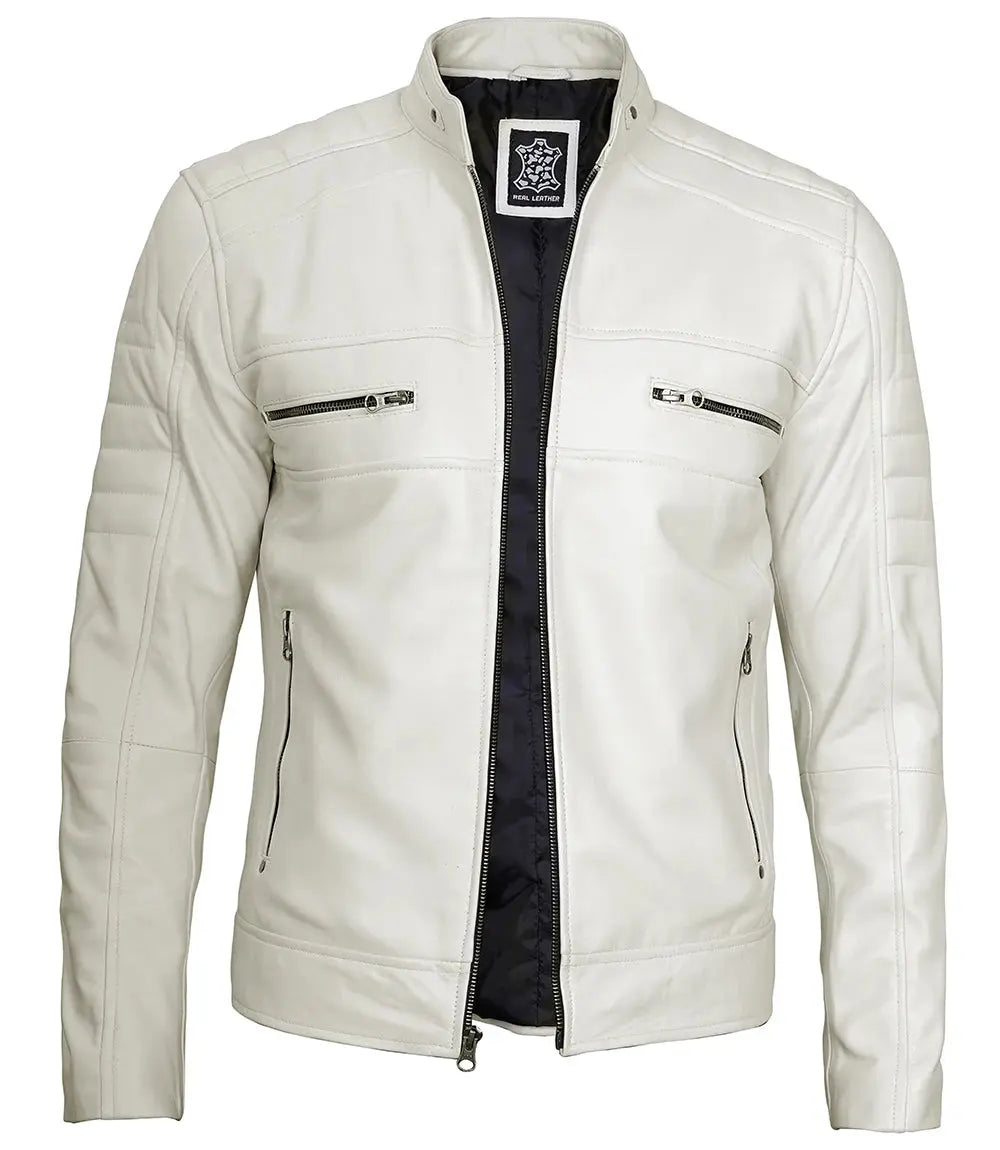 Austin Men Cafe Racer Off White Real Leather Jacket USA Jackets