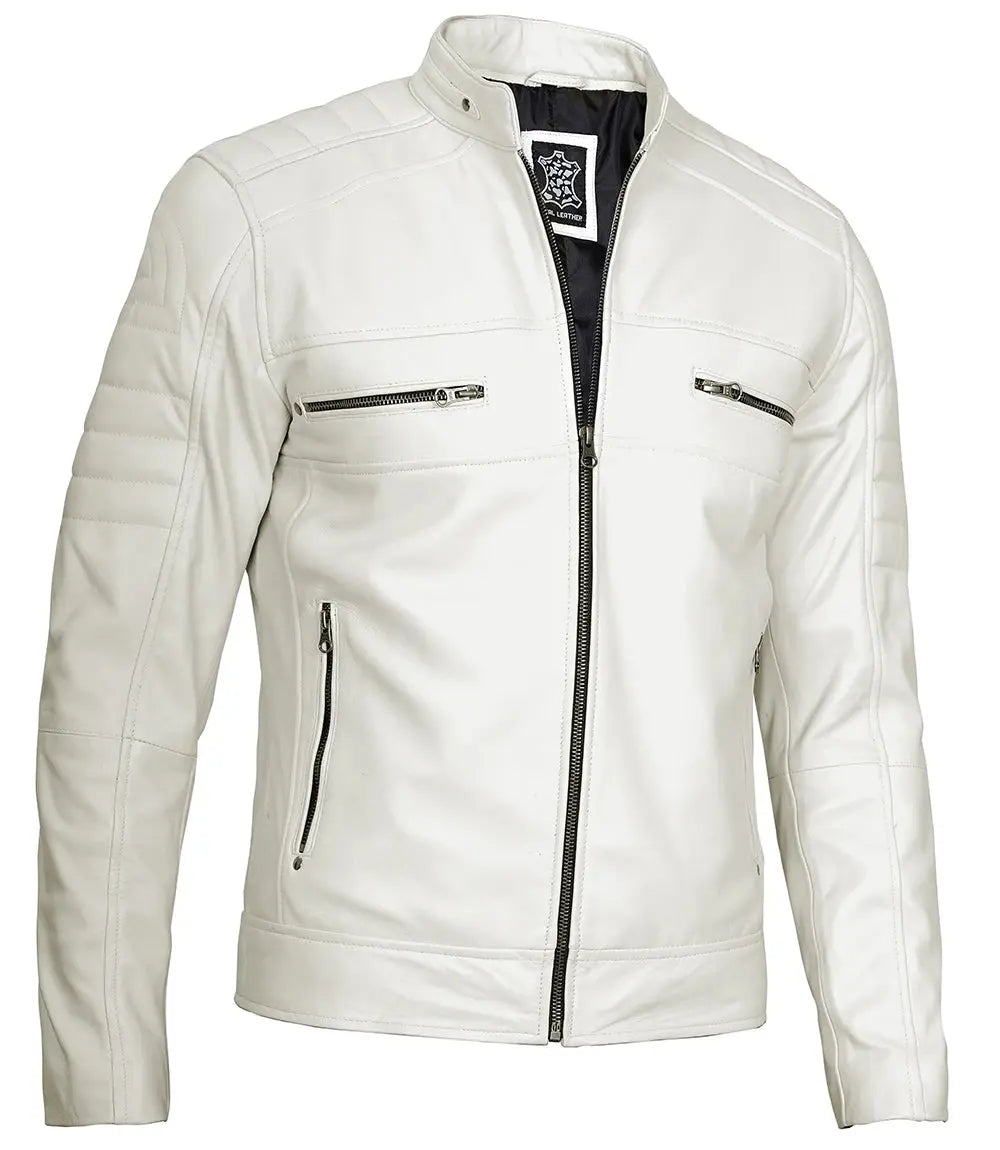 Austin Men Cafe Racer Off White Real Leather Jacket USA Jackets