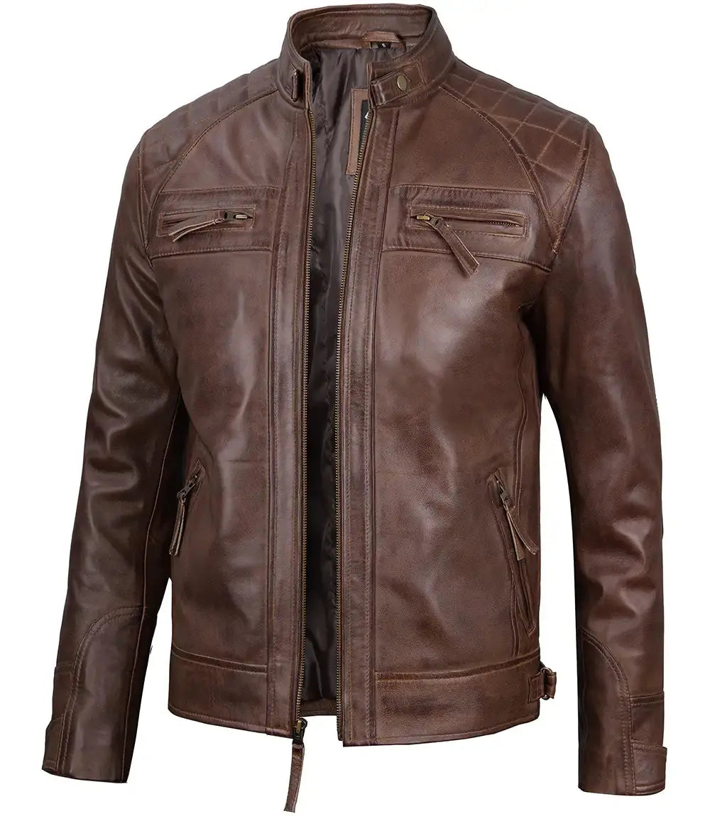 Chocolate Brown Cafe Men's Leather Motorcycle Jacket USA Jackets