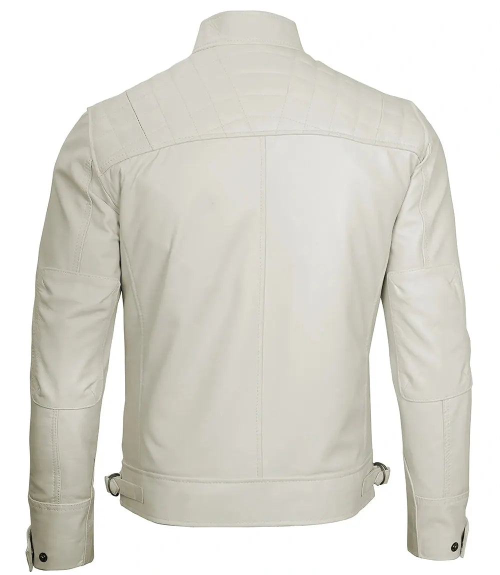 Classic Men's Off White Real Leather Cafe Racer Biker Jacket USA Jackets