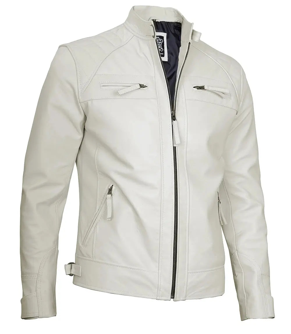 Classic Men's Off White Real Leather Cafe Racer Biker Jacket USA Jackets