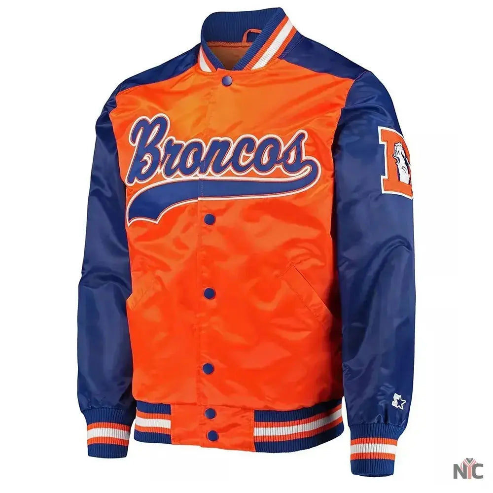 Denver Broncos Blue and Orange Varsity Satin Jacket USA Jackets