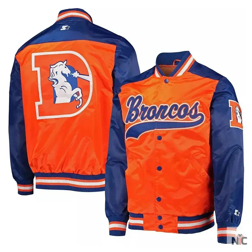 Denver Broncos Blue and Orange Varsity Satin Jacket USA Jackets