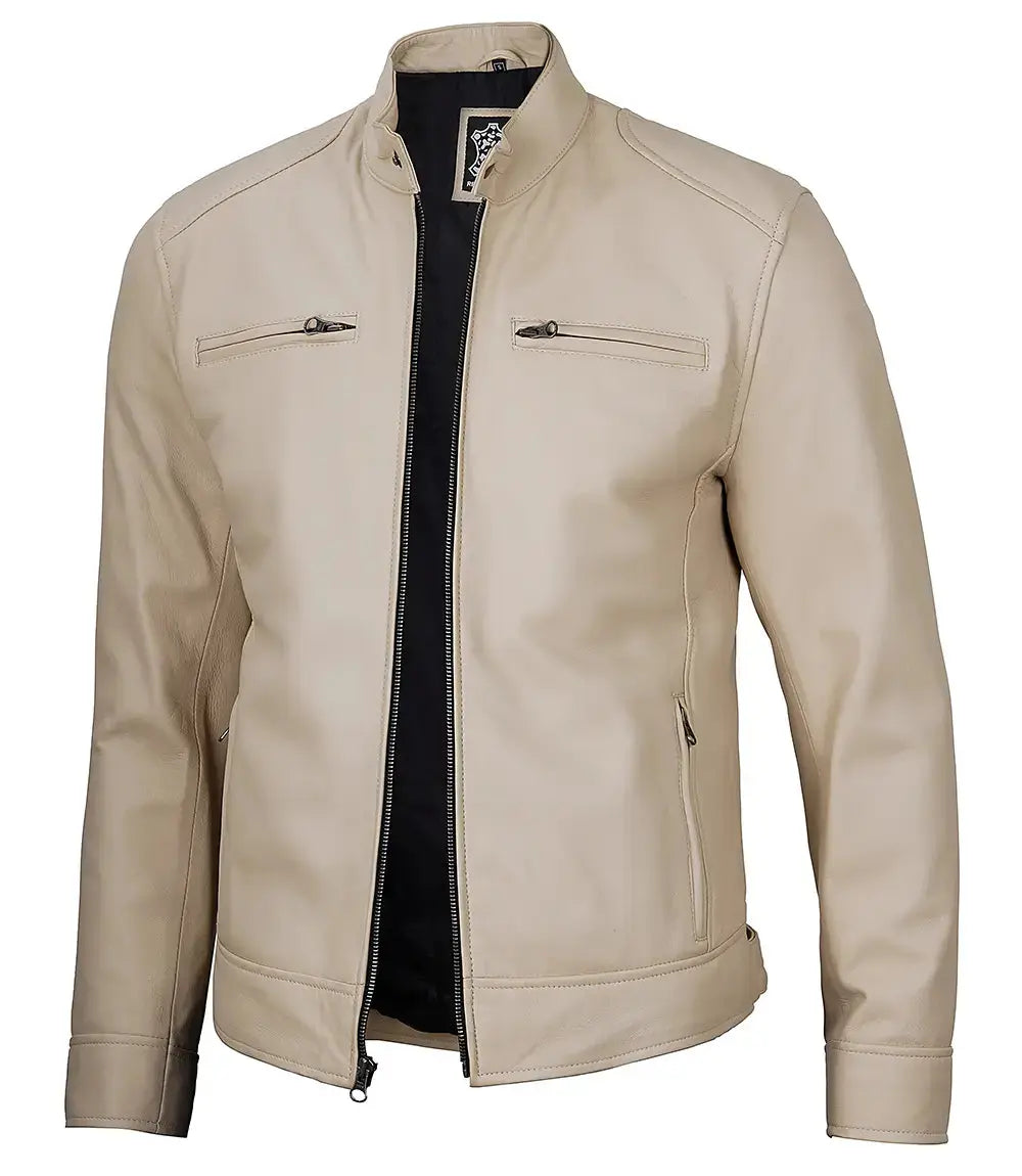 Dodge Men's Beige Leather Cafe Racer Jacket USA Jackets
