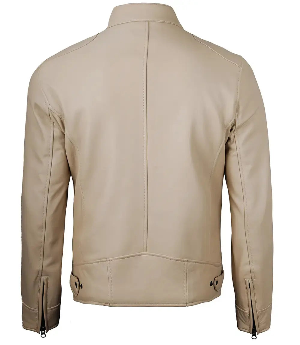 Dodge Men's Beige Leather Cafe Racer Jacket USA Jackets
