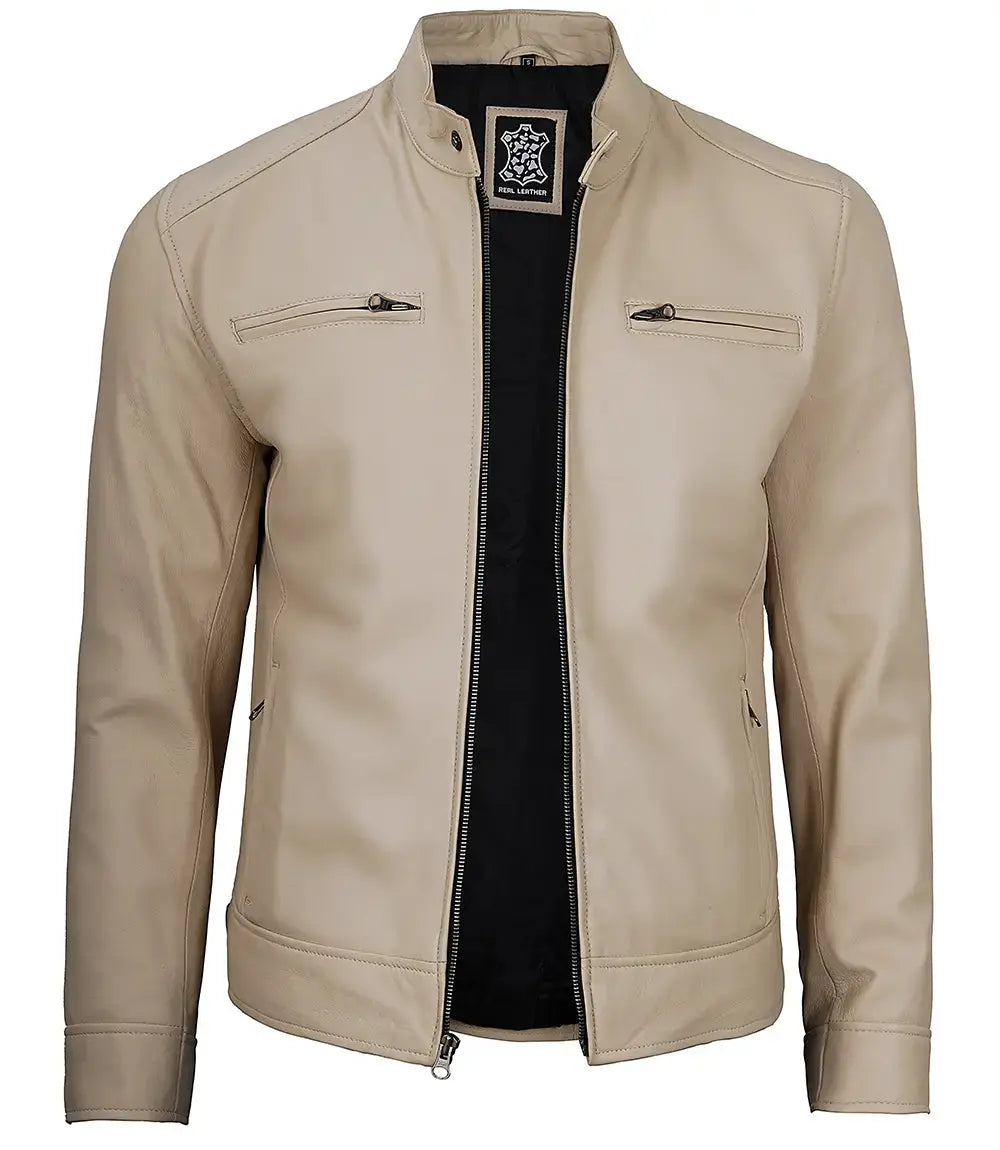 Dodge Men's Beige Leather Cafe Racer Jacket USA Jackets