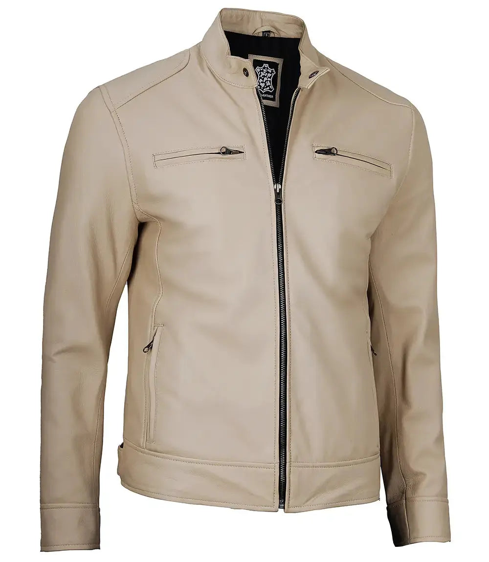 Dodge Men's Beige Leather Cafe Racer Jacket USA Jackets