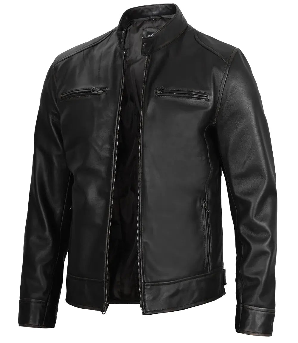 Dodge Men's Black Leather Cafe Racer Jacket USA Jackets