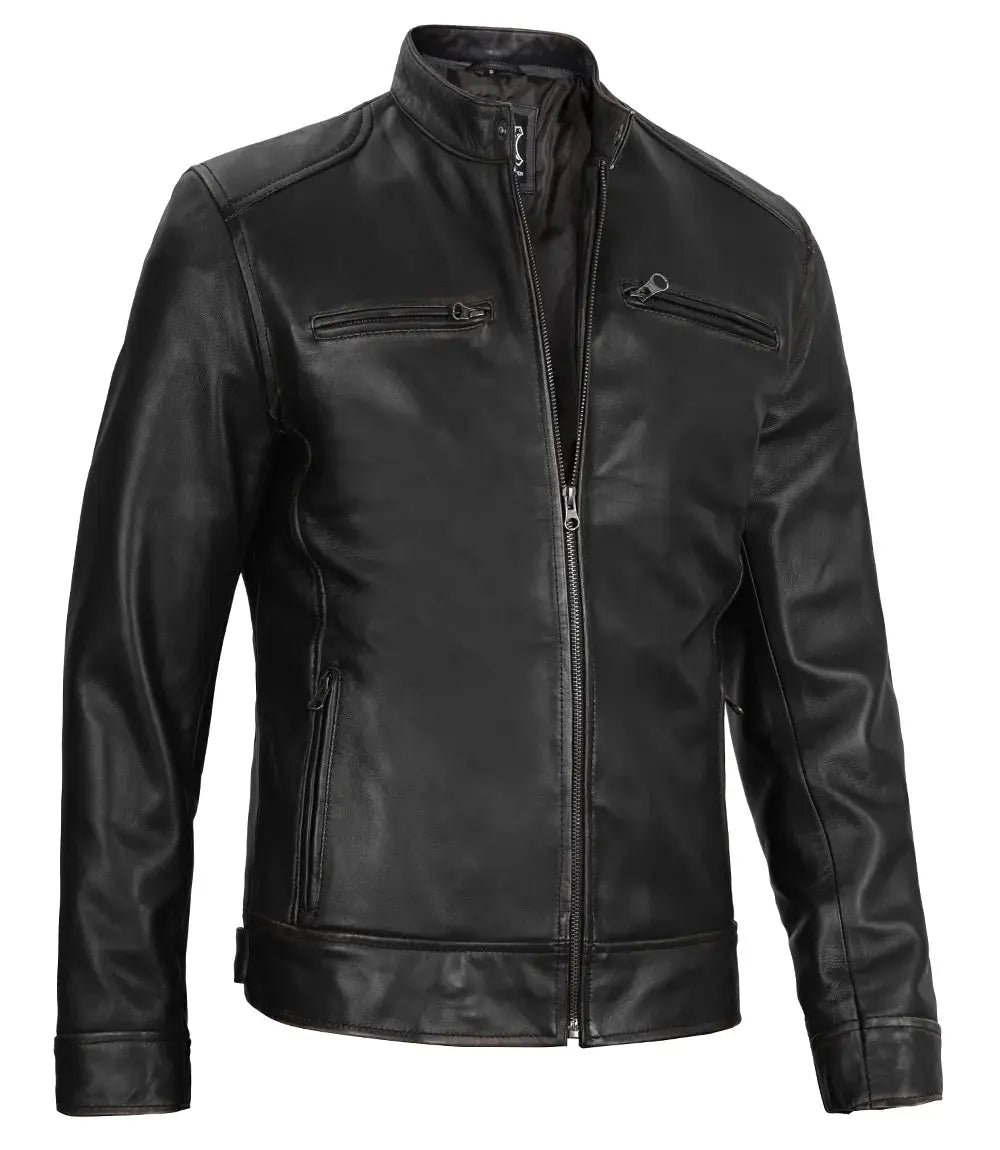 Dodge Men's Black Leather Cafe Racer Jacket USA Jackets