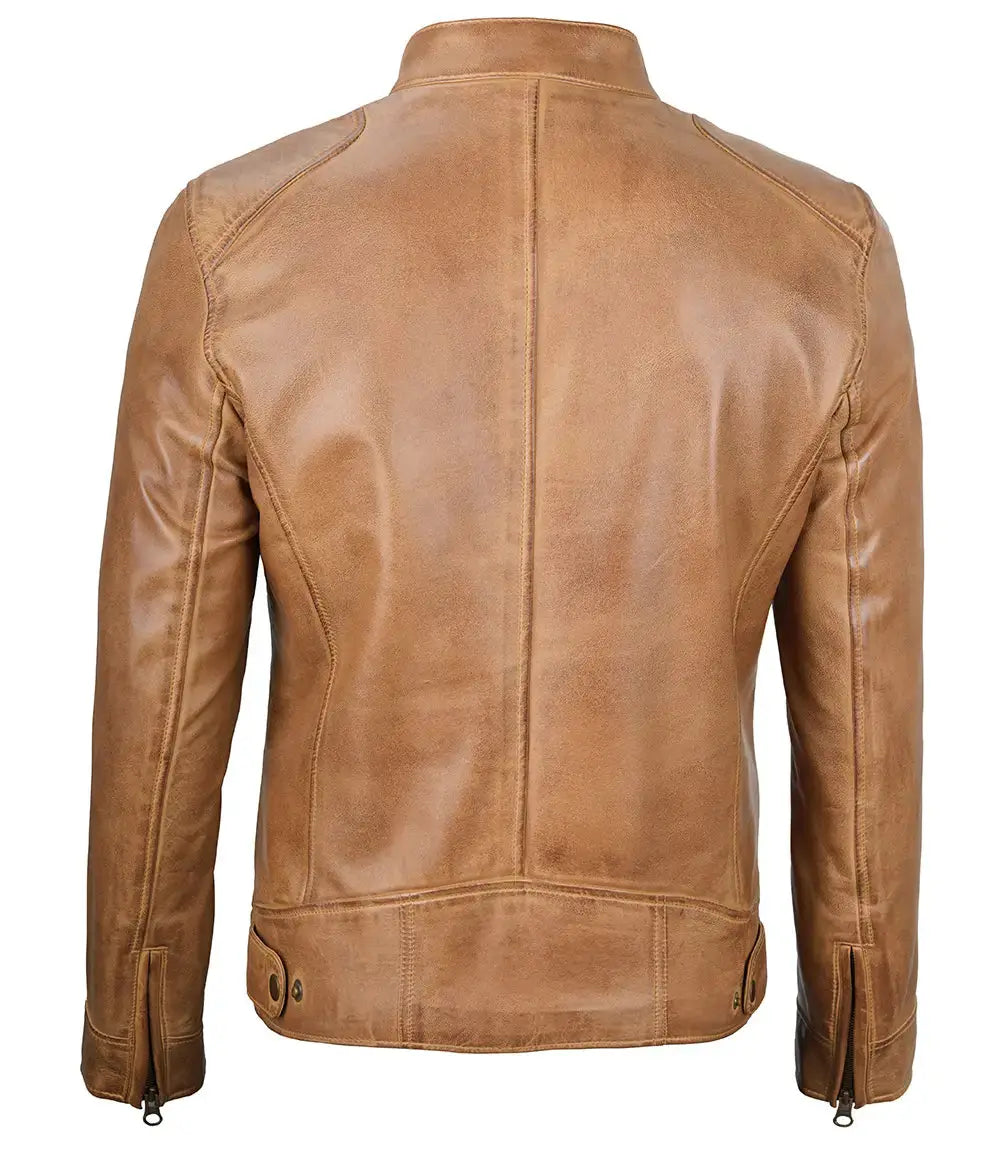 Dodge Men's Camel Leather Cafe Racer Jacket USA Jackets