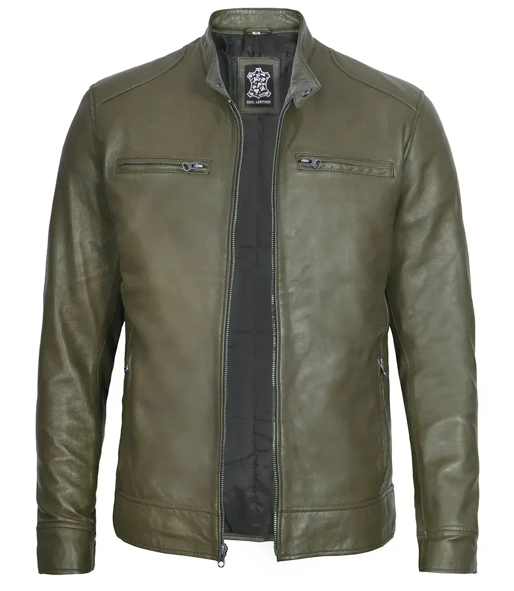Dodge Men's Green Cafe Racer Real Leather Jacket USA Jackets