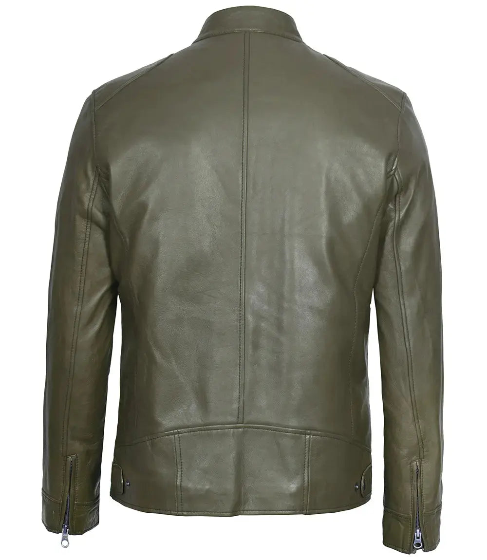 Dodge Men's Green Cafe Racer Real Leather Jacket USA Jackets