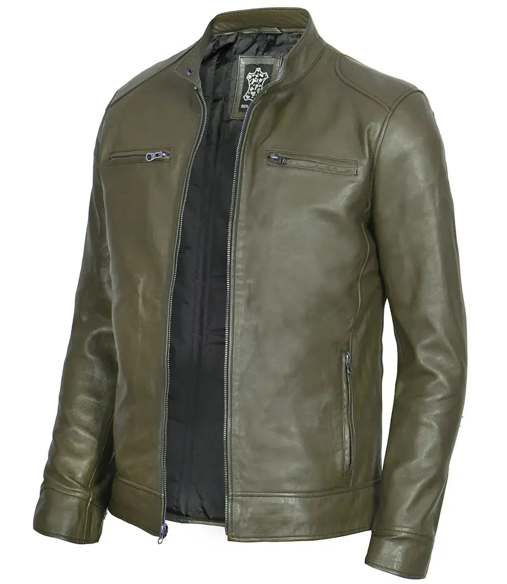 Dodge Men's Green Cafe Racer Real Leather Jacket USA Jackets