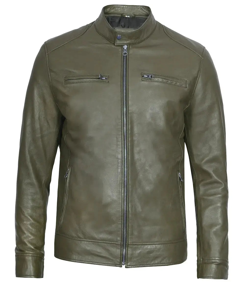 Dodge Men's Green Cafe Racer Real Leather Jacket USA Jackets