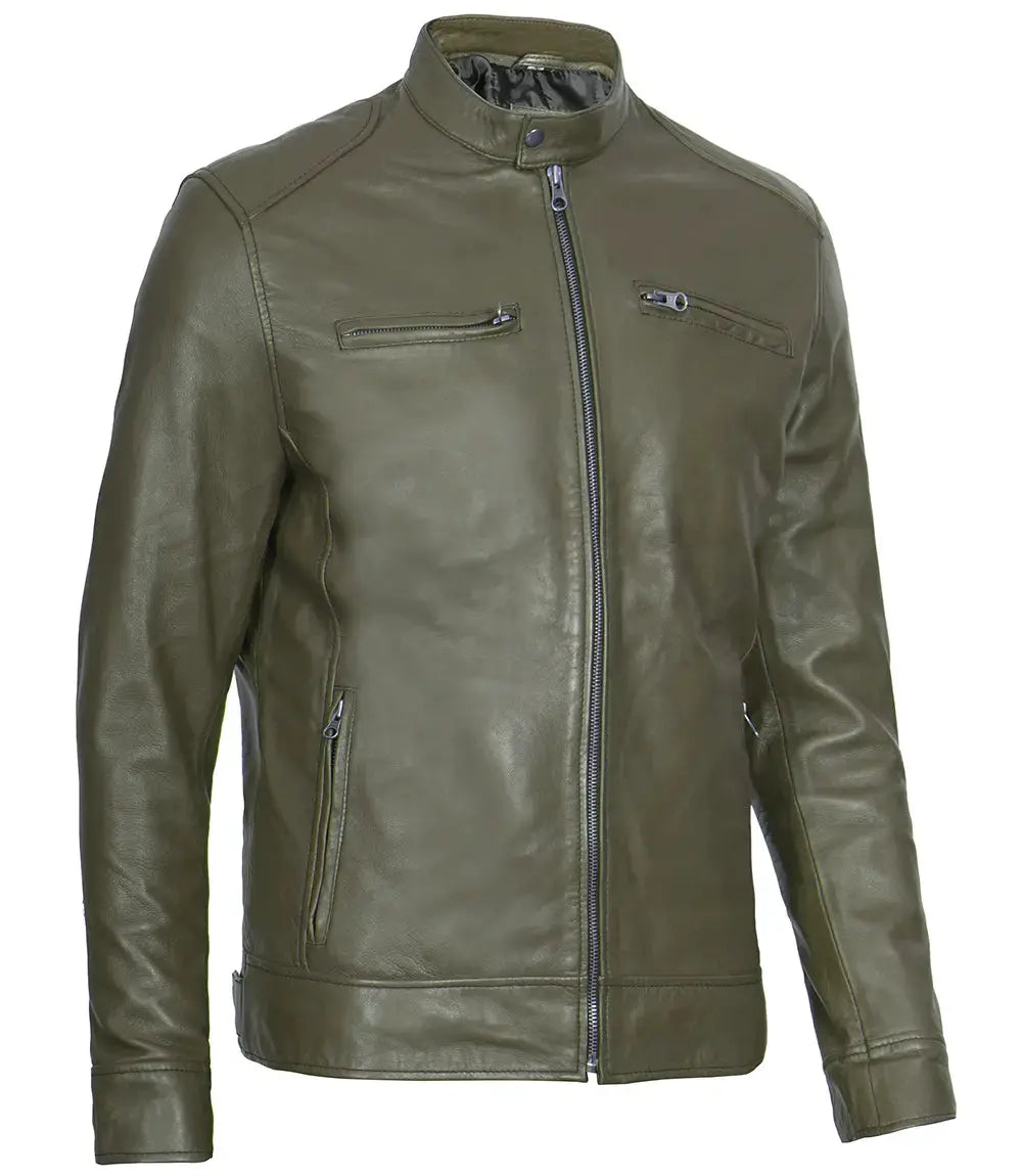 Dodge Men's Green Cafe Racer Real Leather Jacket USA Jackets