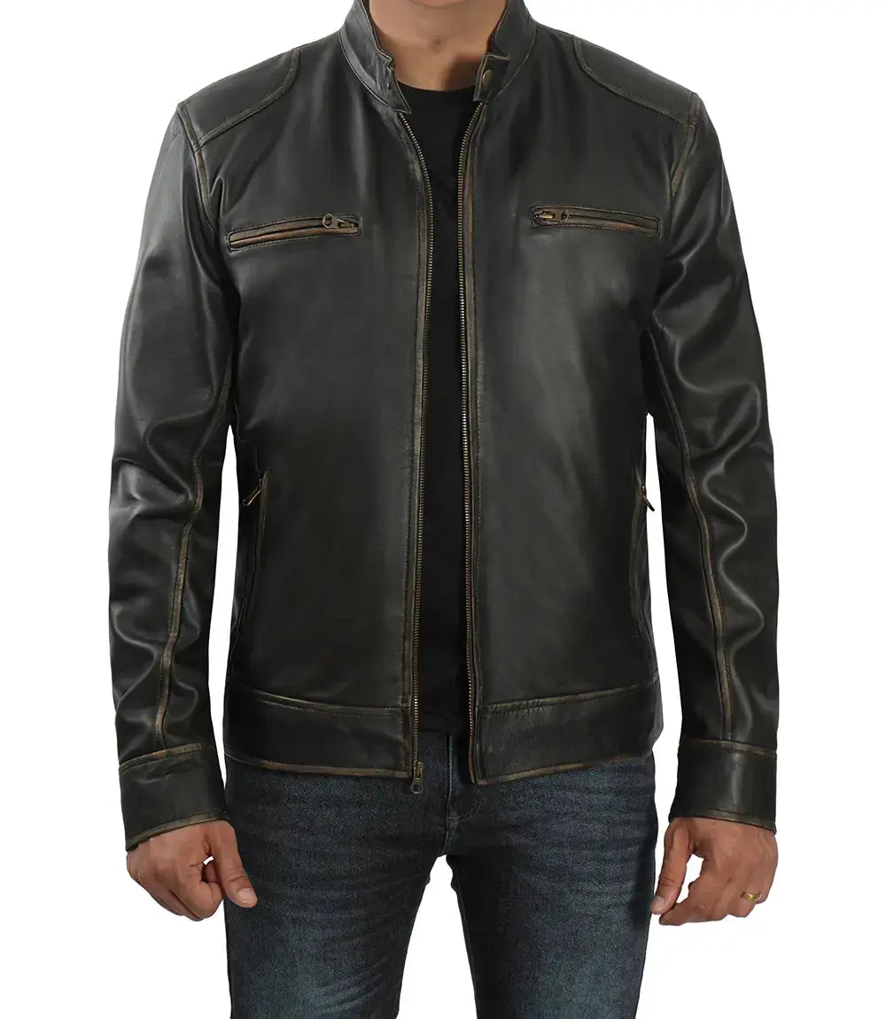 Dodge Tall Men's Rub-off Dark Brown Cafe Racer Leather Jacket USA Jackets