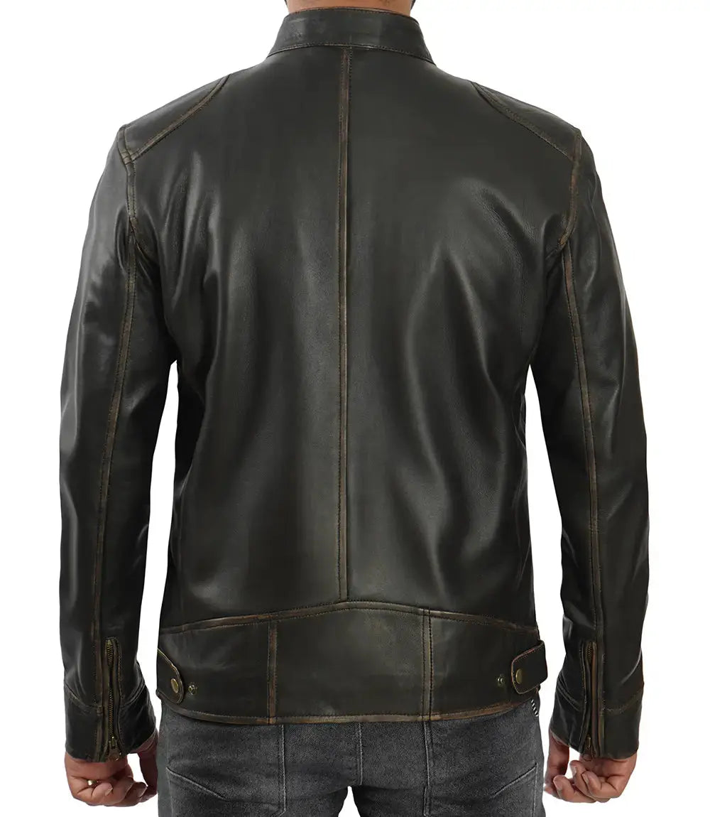 Dodge Tall Men's Rub-off Dark Brown Cafe Racer Leather Jacket USA Jackets