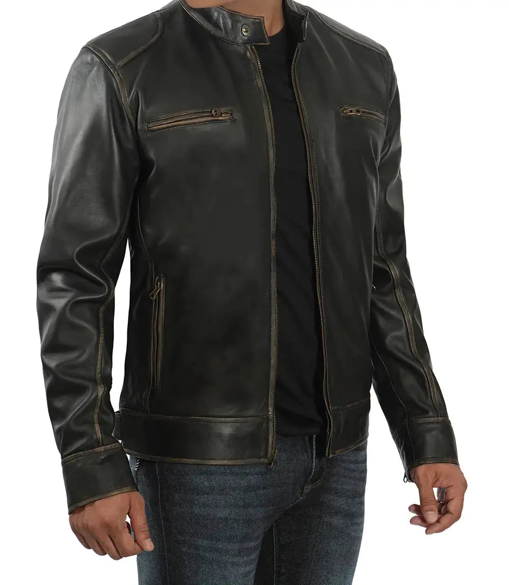 Dodge Tall Men's Rub-off Dark Brown Cafe Racer Leather Jacket USA Jackets