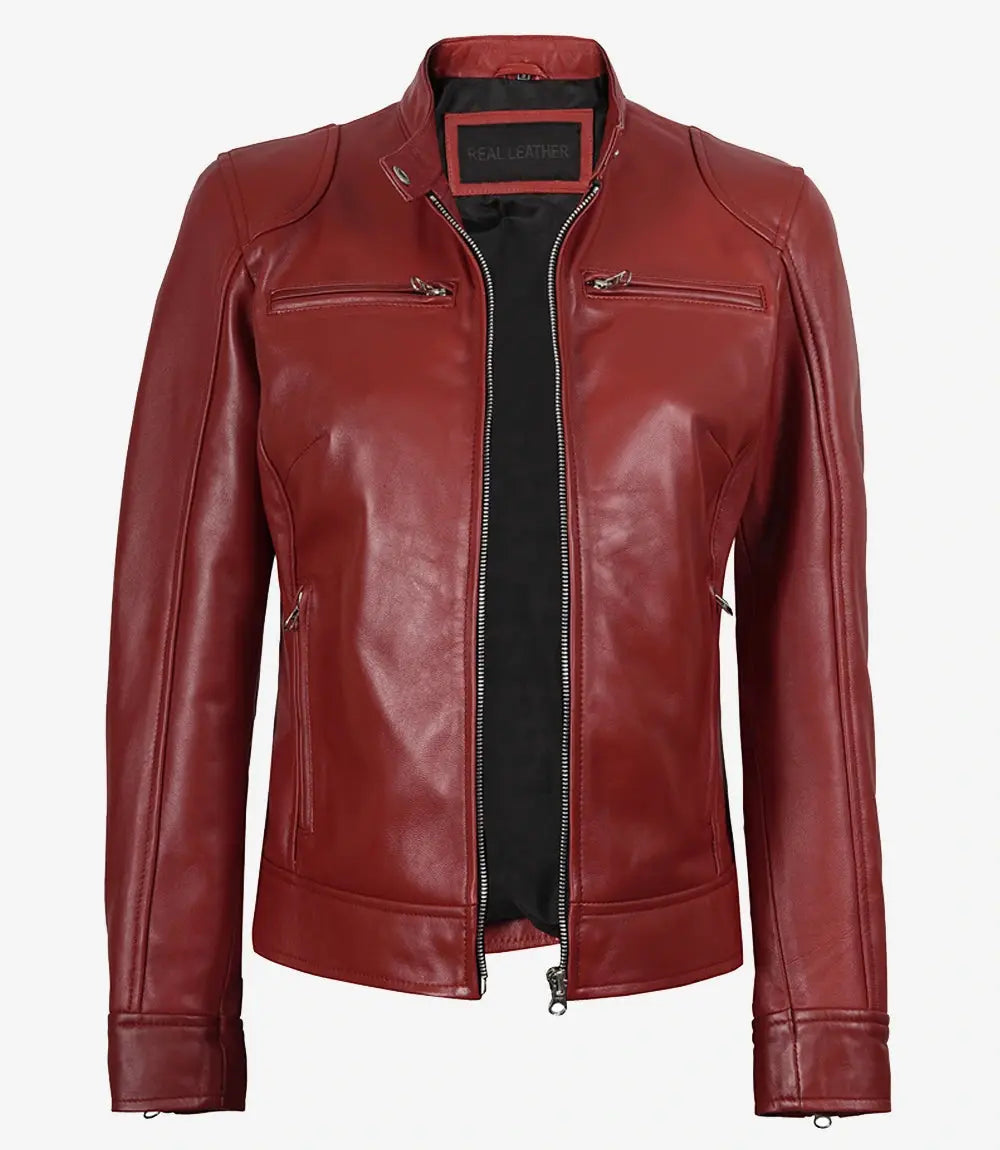 Dodge Women's Cafe Racer Red Leather Jacket USA Jackets