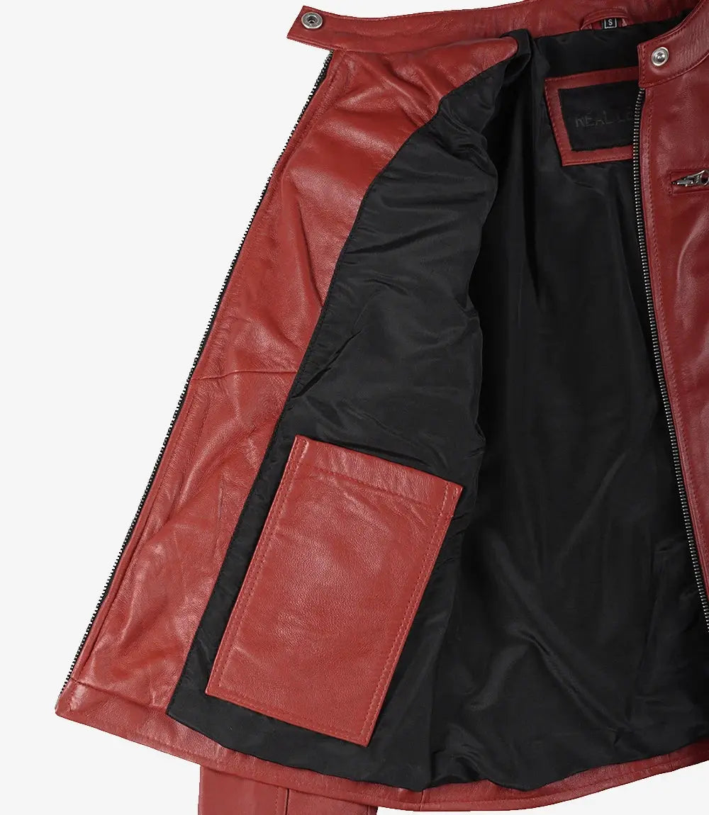 Dodge Women's Cafe Racer Red Leather Jacket USA Jackets