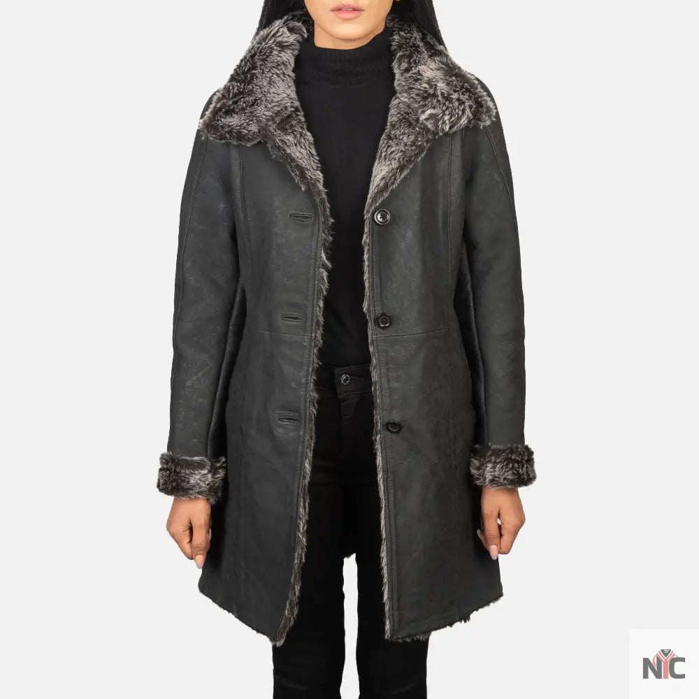 Erica Shearling Black Leather Coat USA Jackets
