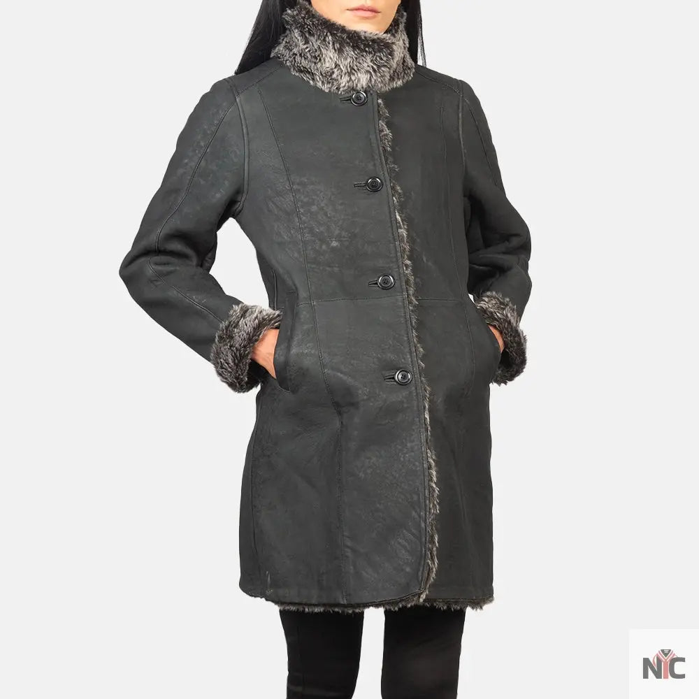 Erica Shearling Black Leather Coat USA Jackets