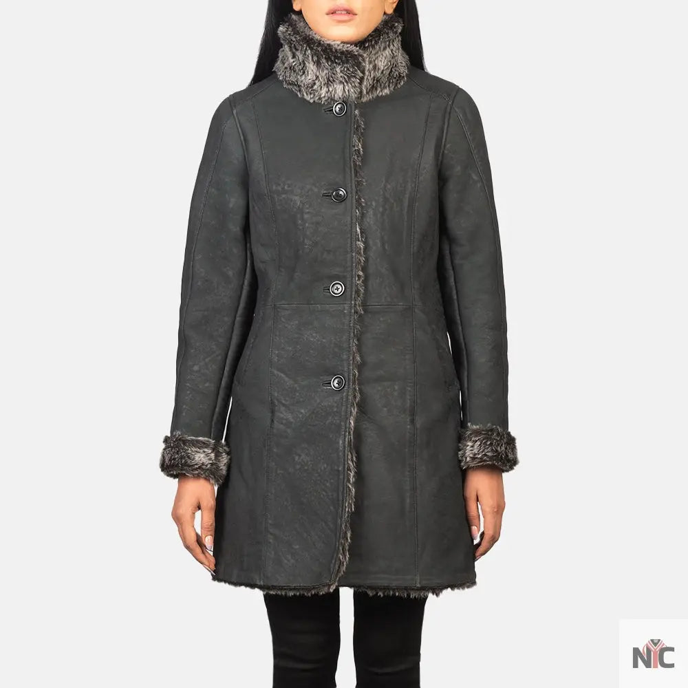 Erica Shearling Black Leather Coat USA Jackets