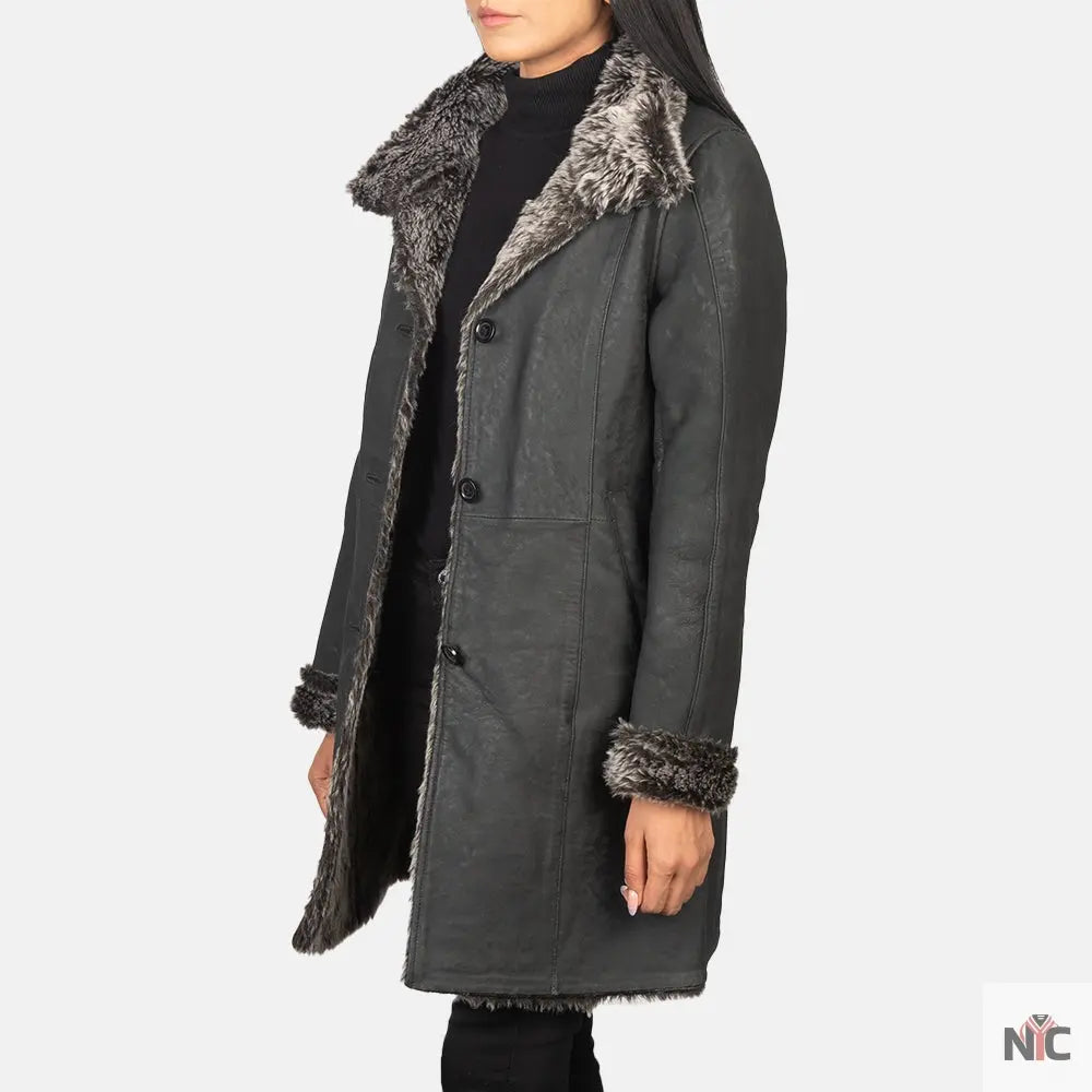 Erica Shearling Black Leather Coat USA Jackets
