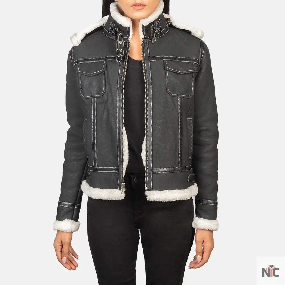 Fiona Black Hooded Shearling Leather Jacket USA Jackets