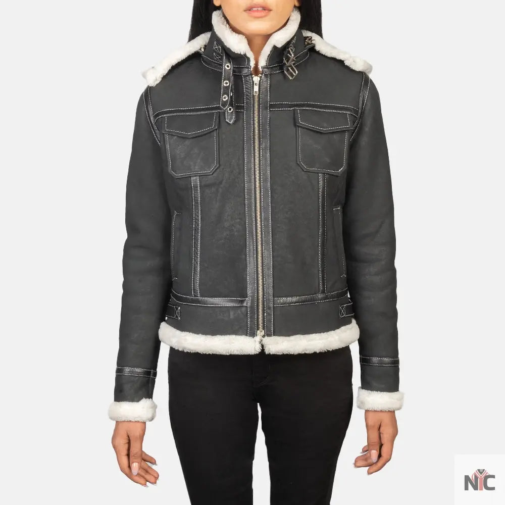 Fiona Black Hooded Shearling Leather Jacket USA Jackets