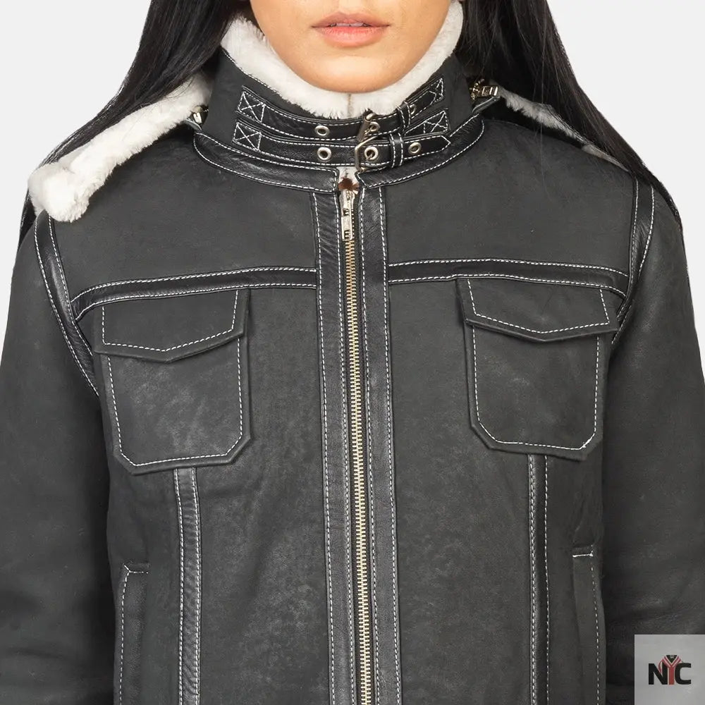 Fiona Black Hooded Shearling Leather Jacket USA Jackets