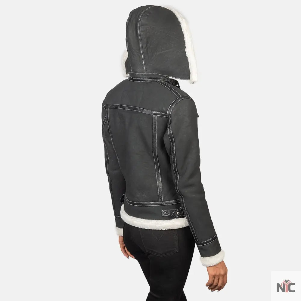 Fiona Black Hooded Shearling Leather Jacket USA Jackets